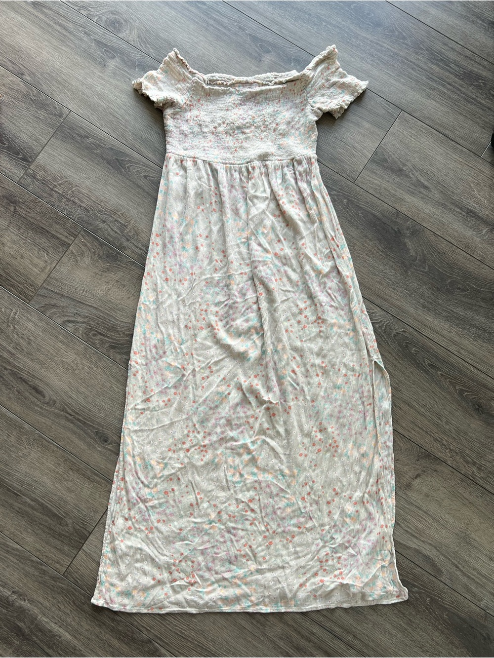 Pink Rose Light Floral Maxi Dress — Smocked Bodice, Off-Shoulder, Size Large